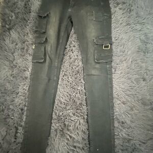 Serenede Black Cargo Jeans Pants with Buckle Detail